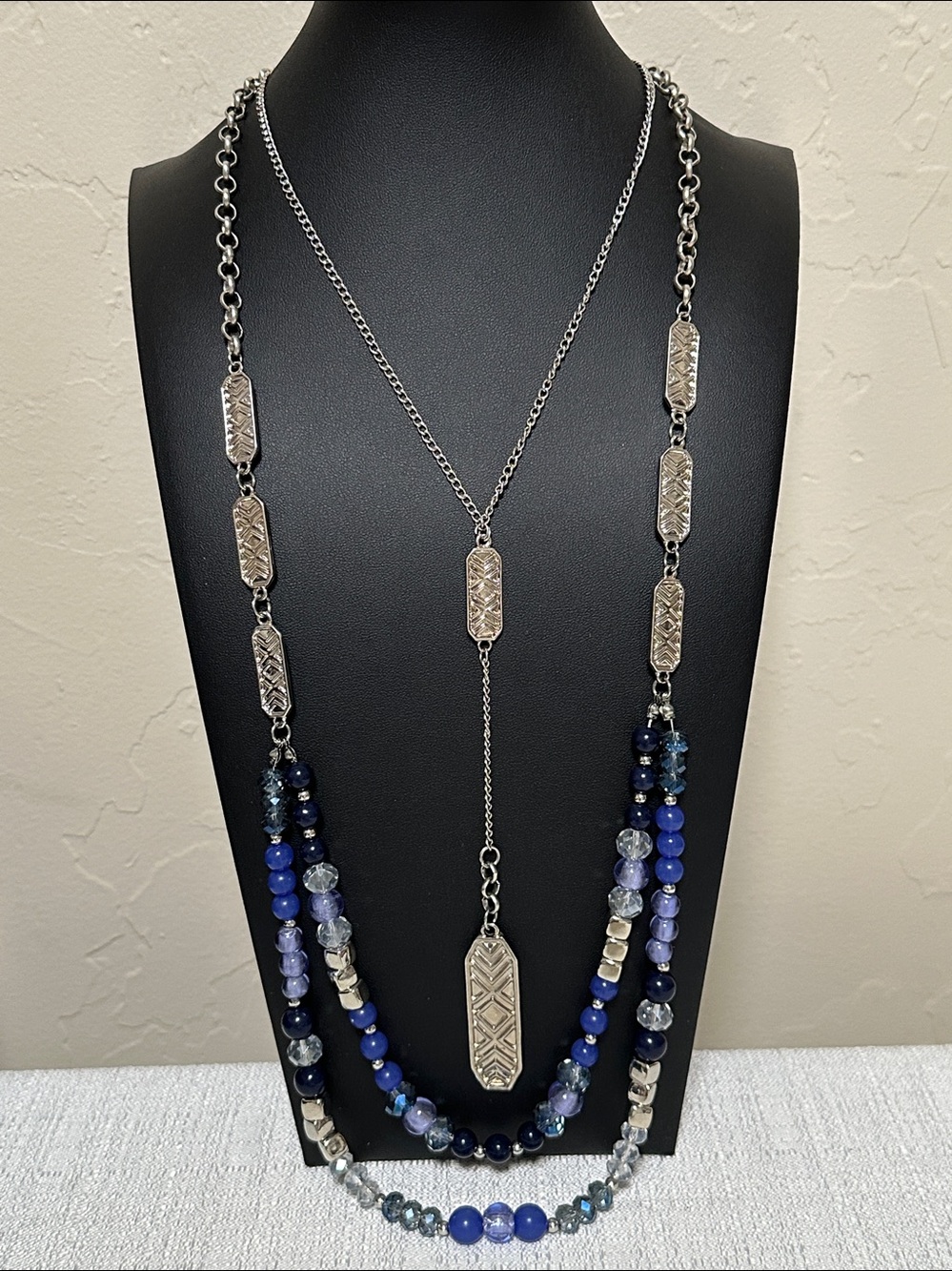 Jules B Long MultiStrand Silver& Blue Necklace